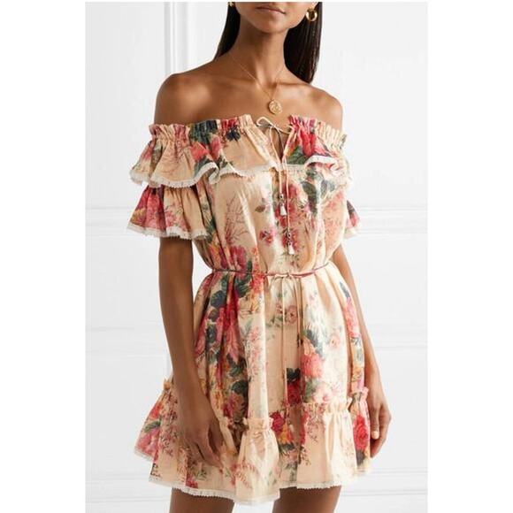 Zimmermann Laelia Frill Tier Short Mini Dress Off Shoulder Floral Linen 2 US 8 - Picture 1 of 9